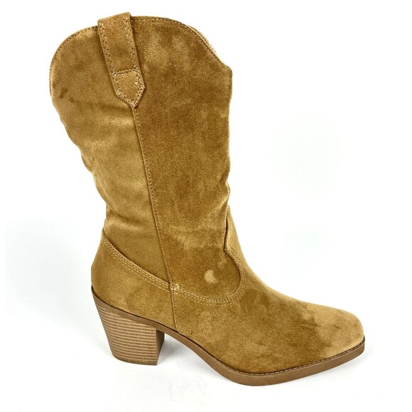 POP Natural Faux Suede Cowgirl Boots Womens SZ 10 Side Zip Chunky Heel Boho Chic - Picture 3 of 13